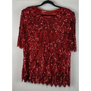 Chamanix Blouse Short Sleeves Red Sequin Beaded Silk Top XL or XXL
